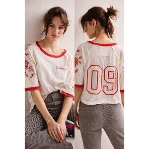 Free People Prairie Sport Tee We The Free Embroidered Floral Ringer Top XS Boho